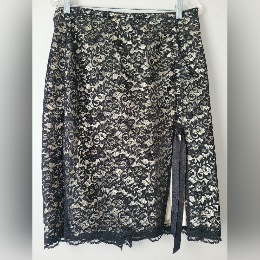 Black Lace Floral Pencil Skirt Knee Length Side Zip Lined Size 10-12